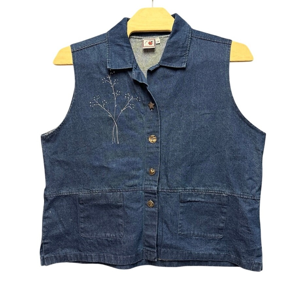 Lady Jane Chester NJ Denim Vest 2X Blue Embroidered Button Up Floral Cottagecore